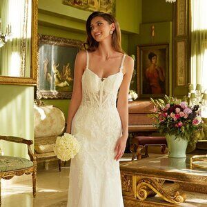 New Off White Wedding Gown w/ Floral Lace Embroidery & Button Closure GL3531
